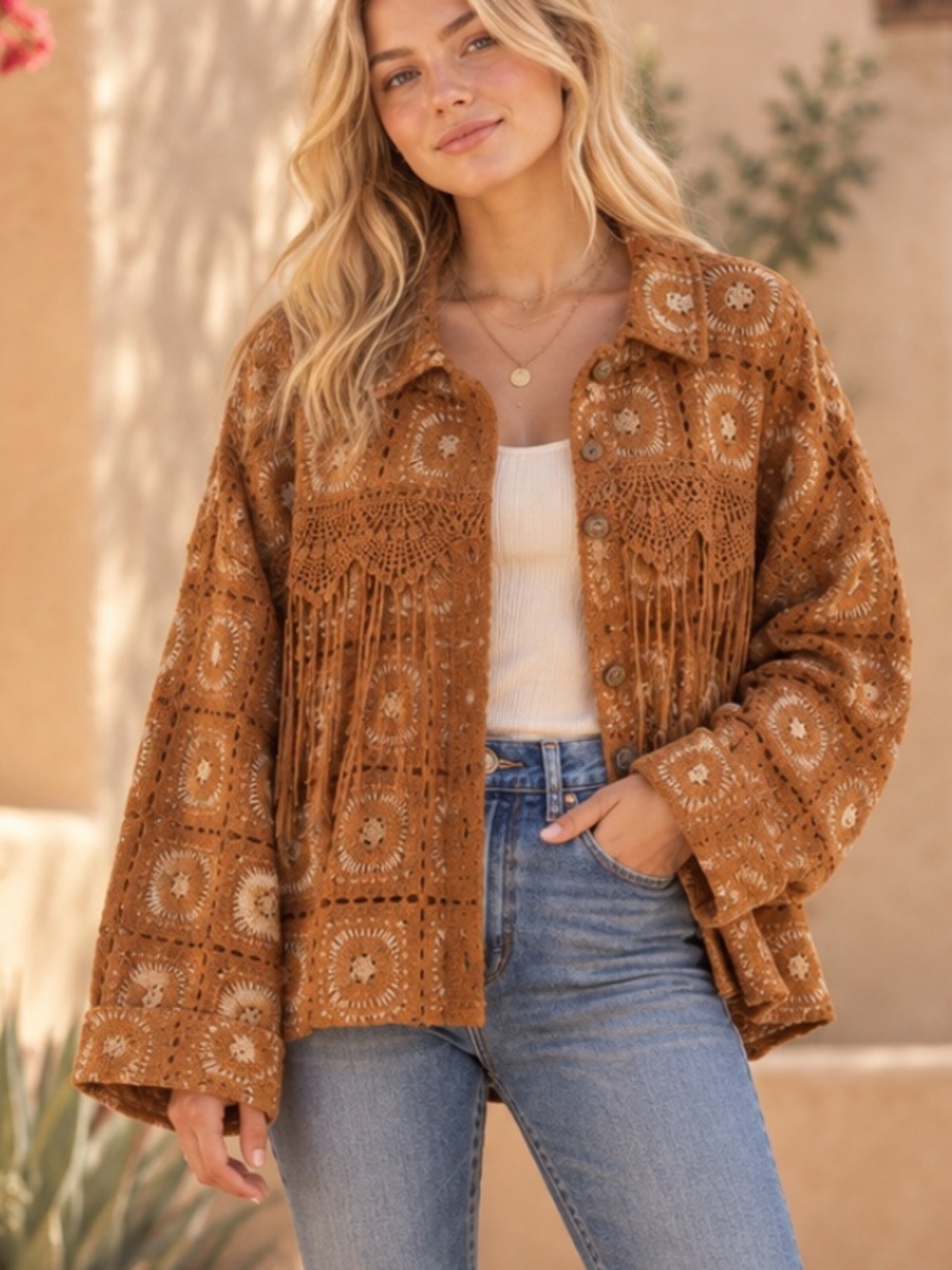NEW Miss Me Camel Brown Crochet Western Jacket Size XL 57154